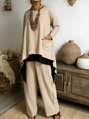 Women's Casual Asymmetrical Hem Cotton Top And Pants Two-piece Set