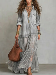 Mixed-Media Denim Art Dress - Elegant Organza Paneled Long Dress