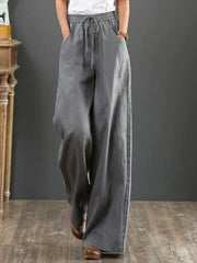 Women Solid Color Elastic Waist Pockets Casual Linen Wide Leg Pants