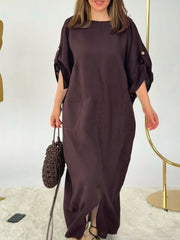 Women's Solid-Color Round-Neck 3/4-Sleeve Casual Loose Cotton-Linen Dress