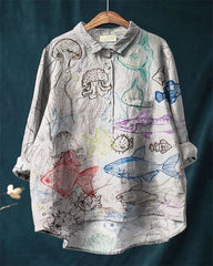 Retro Cartoon Marine Animal Print Cotton and Linen Shirt
