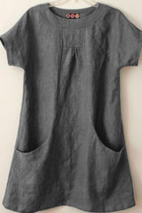 Plain Pockets Round Neck Short Sleeves Blouse