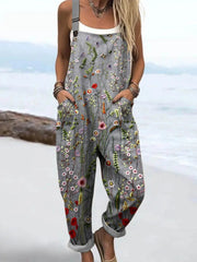 Women's Vintage Lovely Floral Art Print Casual Cotton Linen Wide Leg Jumpsuit
