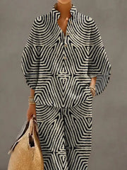 Women's Retro Line Art Print Casual 3/4 Sleeve Top And Pants Cotton Linen Suits