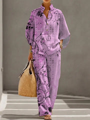 Women's Retro Floral Art Print Casual 3/4 Sleeve Top And Pants Cotton Linen Suits