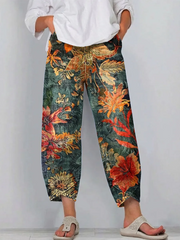 Women's Vintage Floral Pattern Art Print Casual Denim Pants