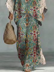 Women's Vintage Ethnic Floral Art Comfortable Loose Cotton Linen Wide-leg Pants Two-piece Set