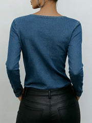 Women's V-neck Long-sleeved Casual Loose Denim Top