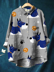 Simple Cartoon Hand Drawn Beard Puppy Print Cotton And Linen Shirt