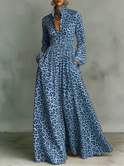 Women's Leopard Print Shirt-collar Long-sleeve Casual Loose A-line Dress