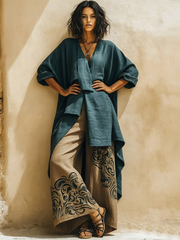Boho Artistic Cut Long Shirt And Wide-leg Pants Cotton Linen Two-piece Set