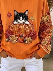 Casual Cat Crew Neck Long Sleeve Sweatshirt
