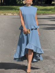 Women's Stand-up Collar Sleeveless Casual Loose Denim Top And High-waisted Casual Loose A-line Skirt Denim Set