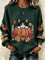 Casual Cat Crew Neck Long Sleeve Sweatshirt