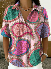 Women's Vintage Botanical Floral Casual Polo Collar Short-sleeved Linen And Cotton Shirt