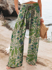 Women's Floral Art Printed Cotton And Linen Casual Pants