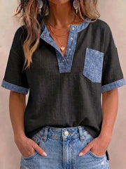 Women's V-neck Short Sleeve Casual Loose Patchwork Top