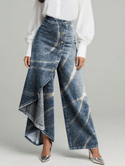Women's Vintage Print High-waisted Relaxed Fit Wide-leg Jeans With A Stylish Design.