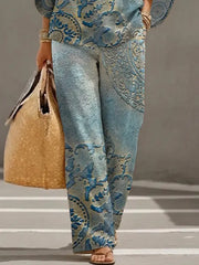 Women's Retro Floral Art Print Casual 3/4 Sleeve Top And Pants Cotton Linen Suits