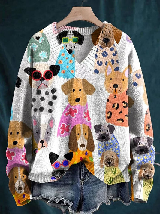 Men's V-neck Women's Colorful Fun Cartoon Puppy Print Long Sleeve Sweater