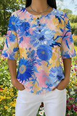 Womens Blue Abstract Floral Print Casual Waffle Cotton Shirt