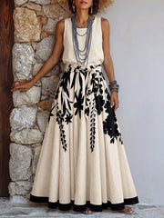 Womens Artistic Floral Leaf Print Cotton Linen Top And Skirt Set