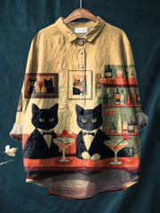 Cute Animal Gentle Cats Drinking Cocktails Illustration Vintage Art Print Casual Cotton And Linen Shirt