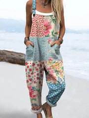 Women's Vintage Floral Patchwork Print Casual Cotton Wide Leg Jumpsuit