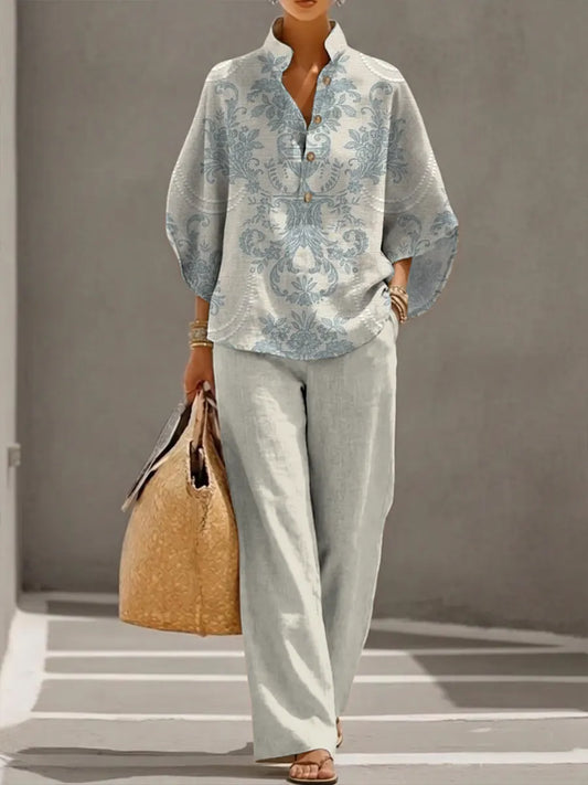 Women's Retro Floral Art Print Casual 3/4 Sleeve Top And Pants Cotton Linen Suits