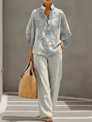 Women's Retro Floral Art Print Casual 3/4 Sleeve Top And Pants Cotton Linen Suits