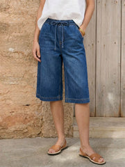 Women's Casual Loose-fit Wide-leg Denim Pants With Elastic Waist And Drawstring