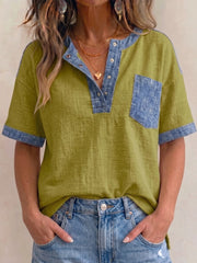 Women's V-neck Short Sleeve Casual Loose Patchwork Top