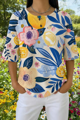 Womens Blue Yellow Artistic Floral Print Casual Waffle Cotton Shirt