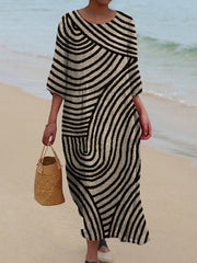 Women's Retro Hand Drawn Geometric Line Print Pocket Cotton Dress