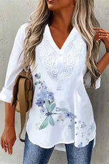 Dragonfly Floral Print V-neck Long Sleeves Buttons Lace Blouse