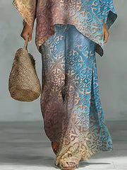 Women's Vintage Floral Art Comfortable Loose Cotton Linen Wide-leg Pants Two-piece Set
