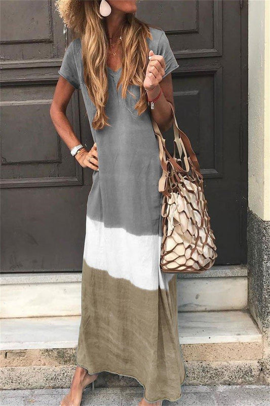 Stripe Patchwork V-neck Short Sleeves Maxi Dress