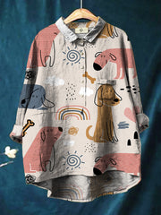 Cute Line Small Animal Puppy Triangle Print Cotton And Linen Shirt