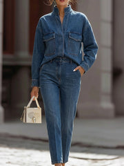 Women's Casual Denim Set: Loose-fit Long-sleeve V-neck Shirt & High-waisted Straight-leg Pants