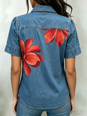 Retro Red Floral Print Denim Collared Shirt