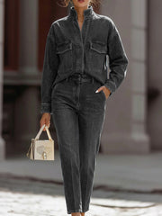 Women's Casual Denim Set: Loose-fit Long-sleeve V-neck Shirt & High-waisted Straight-leg Pants
