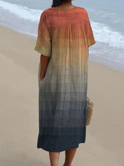 Women's V Neck Vintage Orange Blue Square Grid Art Mosaic Gradient Art Linen Loose Dress