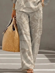Women's Retro Floral Art Print Casual 3/4 Sleeve Top And Pants Cotton Linen Suits