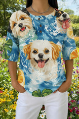 Womens Blue Puppy Print Casual Waffle Cotton Shirt