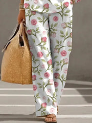 Women's Floral Art Print Casual 3/4 Sleeve Top And Pants Cotton Linen Suits