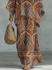 Women's Vintage Floral Art Comfortable Loose Cotton Linen Wide-leg Pants Two-piece Set