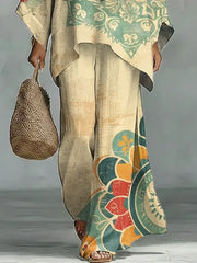 Women's Vintage Ethnic Floral Art Comfortable Loose Cotton Linen Wide-leg Pants Two-piece Set