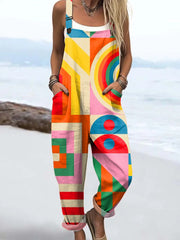 Women's Colourful Art Abstract Geometry Print Casual Cotton Wide Leg Jumpsuit