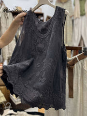 Women's Vintage Lace Sleeveless Cotton And Linen Vest Top