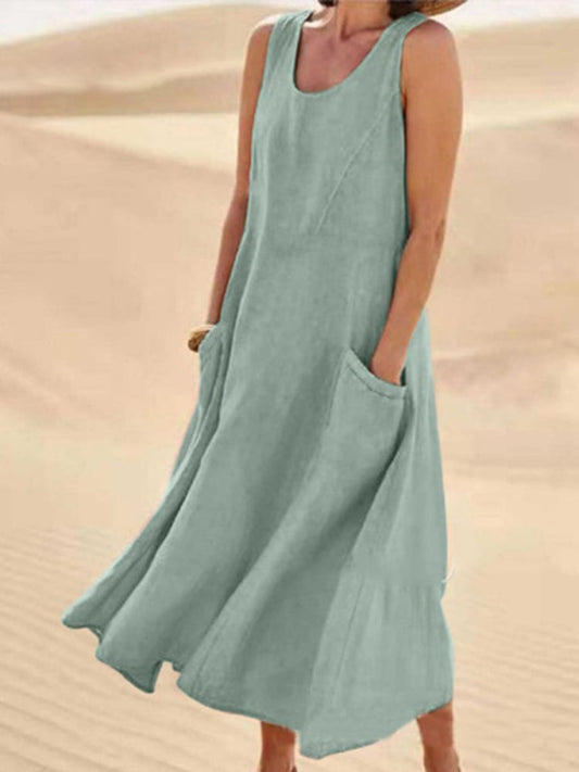 Women Sleeveless Sundress Elegant Round Neck Cotton Linen Solid Long Tank Casual Summer Dress